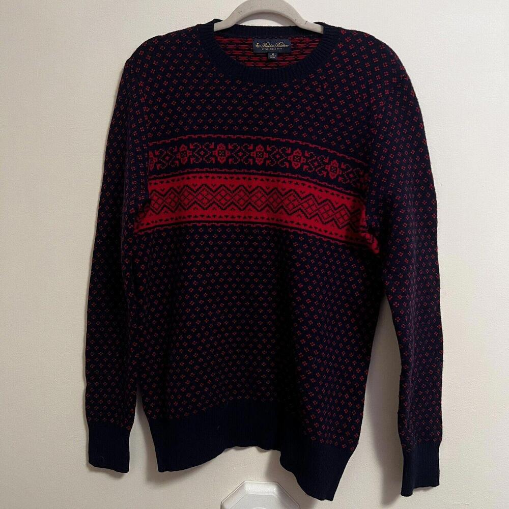 Brooks Brothers Sweater Men Sz M 1818 Blue Red Geometric Merino Wool Blend Crew
